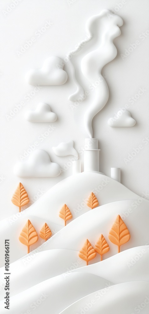 A stylized illustration of a factory emitting smoke, surrounded by white hills and vibrant orange leaves under a cloudy sky. A stylized illustration of a factory emitting smoke, surrounded by white hills and vibrant orange leaves under a cloudy sky.