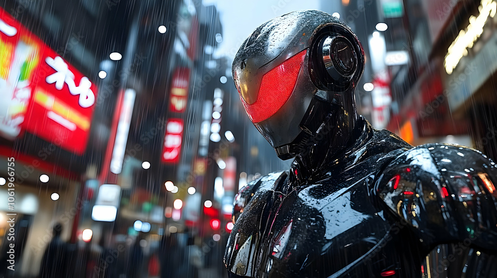Cyberpunk Robot in the Rain 3D Illustration Cyberpunk Robot in the Rain 3D Illustration