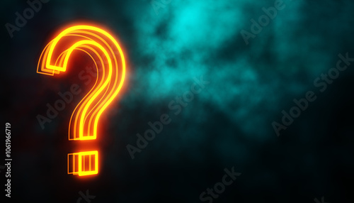 Neon question mark glowing in smoke background. 3D Rendering