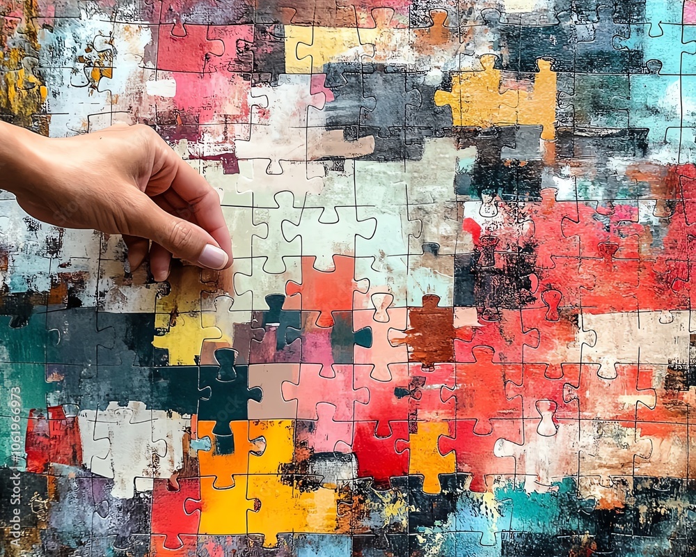 Naklejka premium Modern artwork of a hand fitting abstract jigsaw puzzle pieces together, highlighting the theme of strategic business problemsolving