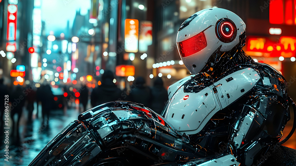 Cyberpunk Robot in City Illustration Cyberpunk Robot in City Illustration