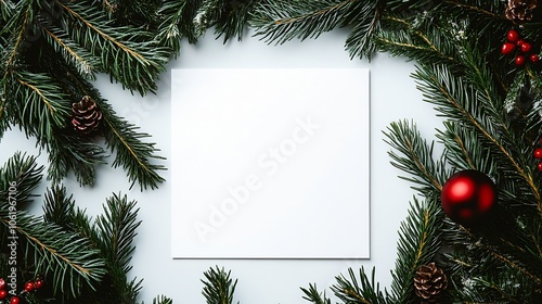 Festive Christmas Blank Card with Pine Branches and Red Baubles for Holiday Greetings : Generative AI