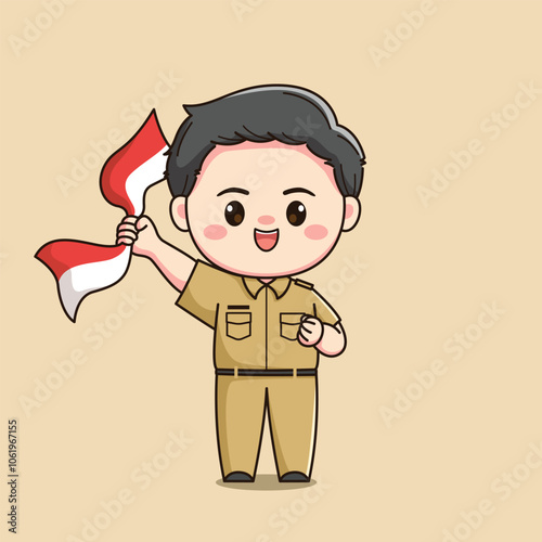 cute male teacher character carrying the Indonesian flag