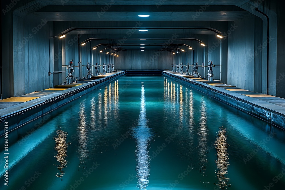 Underground Water Treatment Facility with Symmetrical Lighting and Reflections : Generative AI