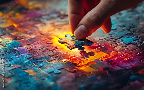 Realistic hand placing the final piece in a multicolored abstract jigsaw puzzle, representing business strategy and decisionmaking