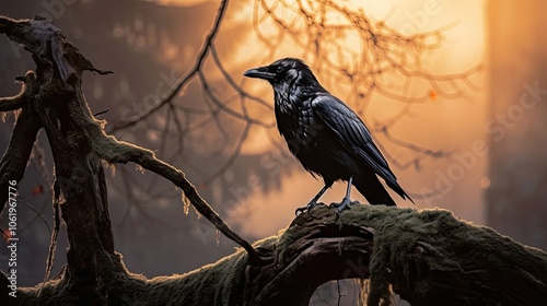 A majestic black crow perched on an ancient, gnarled tree branch in a misty, enchanted forest during twilight. 