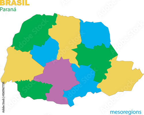 Map of the territory of the state of Parana with divisions by highlighted mesoregions, vector with simple lines of political divisions