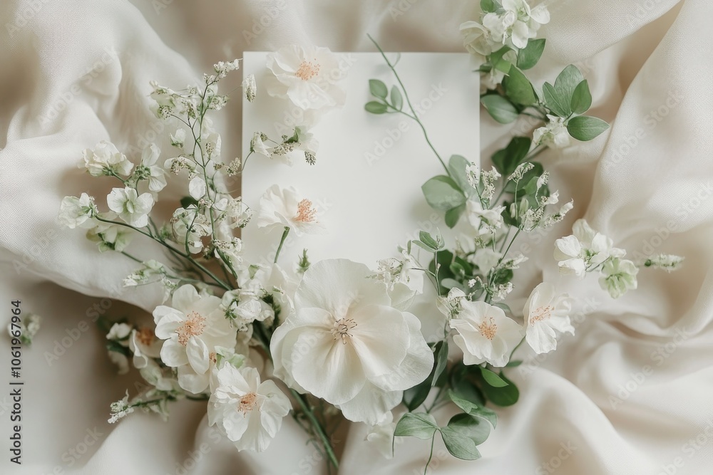 White Flowers and Blank Card on White Fabric Background White Flowers and Blank Card on White Fabric Background