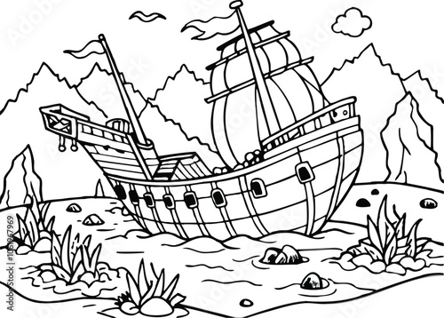 Pirate Shipwreck Illustration on Rocky Shore