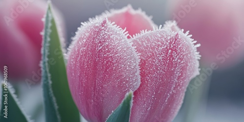 Delicate pink tulip coated in frost crystals glistening in soft, cold light, embodying winter's serene beauty