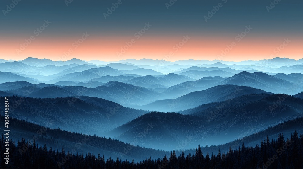 Serene mountain landscape at dusk with layered blue hues and a gradient sky. Serene mountain landscape at dusk with layered blue hues and a gradient sky.