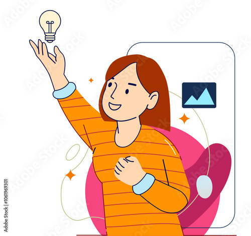 A woman finding Idea illustrations. finding solution, thinking, sharing offers, lightbulbs. Creativity, creation process.