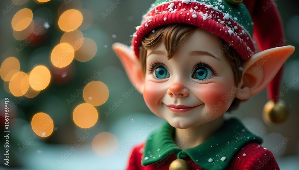 A Christmas elf with pointed ears and smile outside in falling snow with copy space A Christmas elf with pointed ears and smile outside in falling snow with copy space