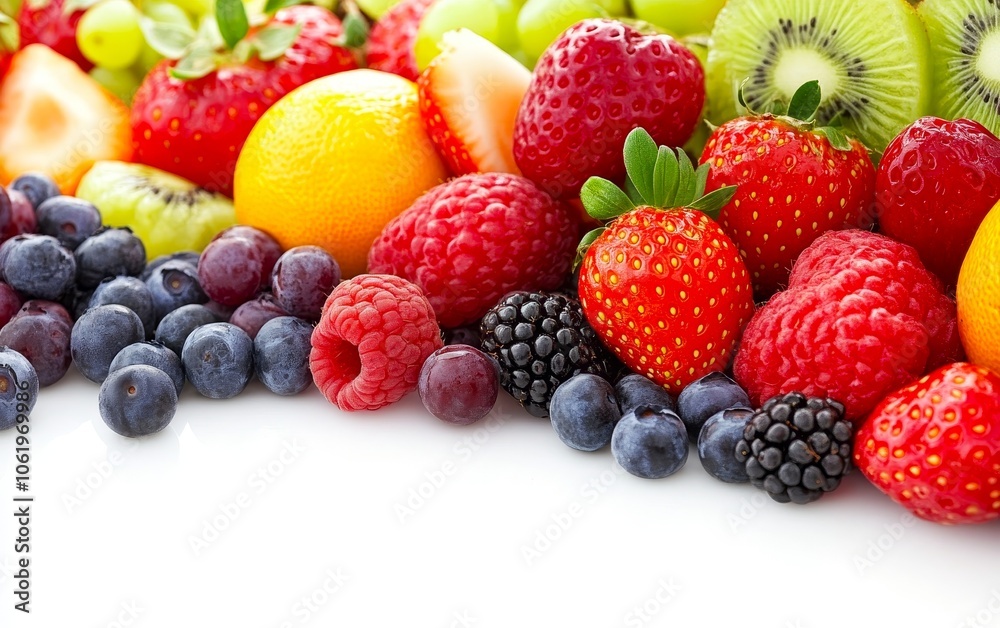 A vibrant assortment of fresh fruits including strawberries, blueberries, raspberries, and kiwis. A vibrant assortment of fresh fruits including strawberries, blueberries, raspberries, and kiwis.