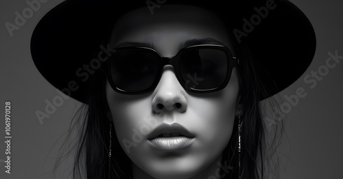 Black and white close-up portrait of a woman wearing a wide-brimmed hat and dark sunglasses, showcasing a bold, mysterious style.