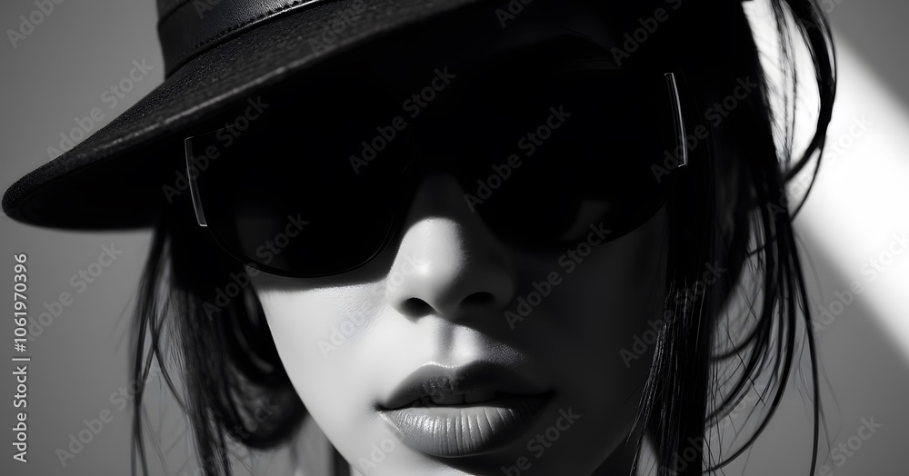 Close-up black and white portrait of a woman with dark sunglasses and a tilted hat, creating a moody, mysterious look with strong shadows and soft details. Close-up black and white portrait of a woman with dark sunglasses and a tilted hat, creating a moody, mysterious look with strong shadows and soft details.