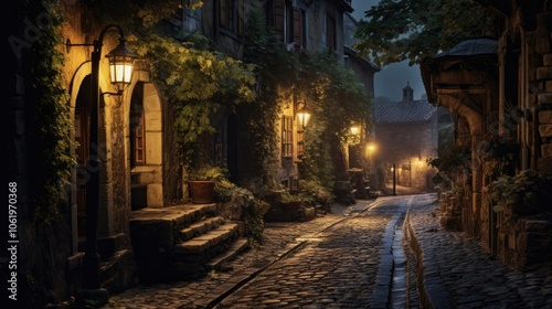 A narrow, medieval street at night, where a single lantern hangs from a wrought-iron hook, casting a soft, golden light that barely reaches the darkened cobblestones below.