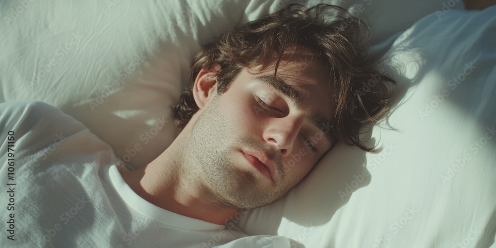 Tranquil close-up of a young man sleeping in natural morning light, with a peaceful expression on a white pillow Tranquil close-up of a young man sleeping in natural morning light, with a peaceful expression on a white pillow