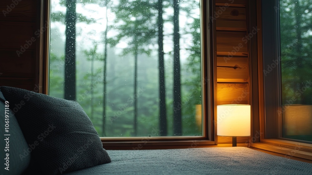 Fototapeta premium Cozy Cabin View with Rainy Forest Ambiance