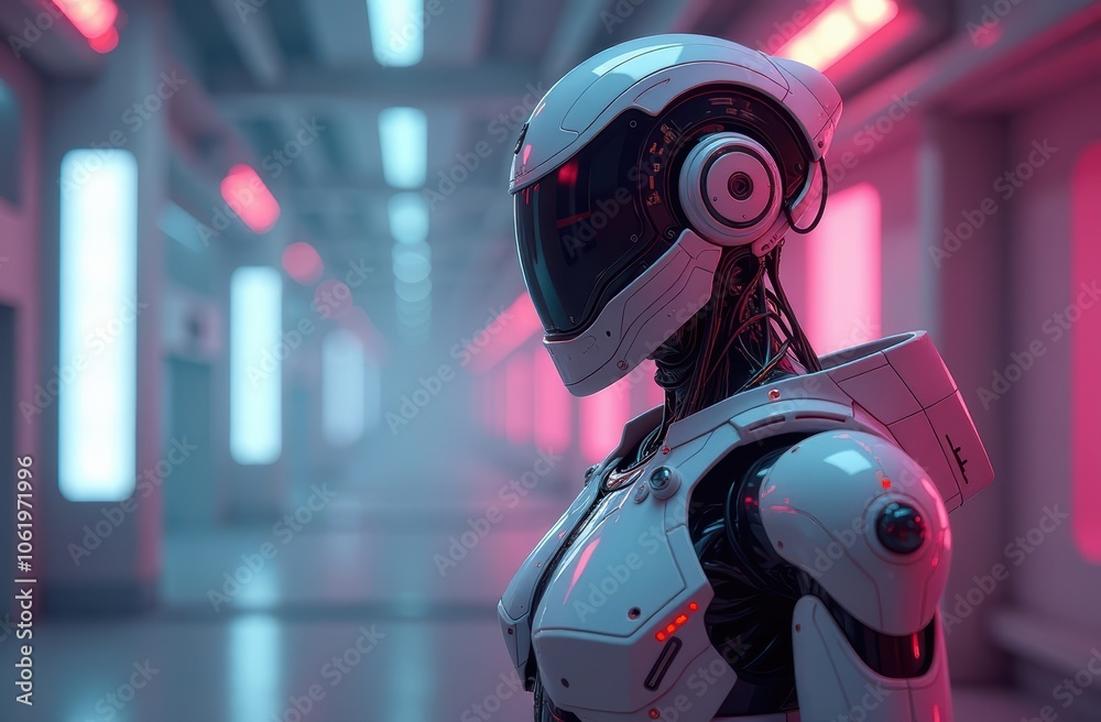 Fototapeta premium A colorful robot is wearing a shiny helmet, designed to entertain and protect, in vibrant electric blue and magenta hues