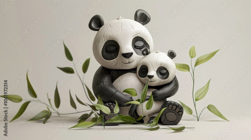 Panda and baby panda statues made from papier mache paper