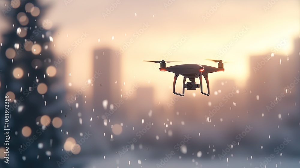 Snowy Cityscape with Drone Flying During Winter Sunset Snowy Cityscape with Drone Flying During Winter Sunset
