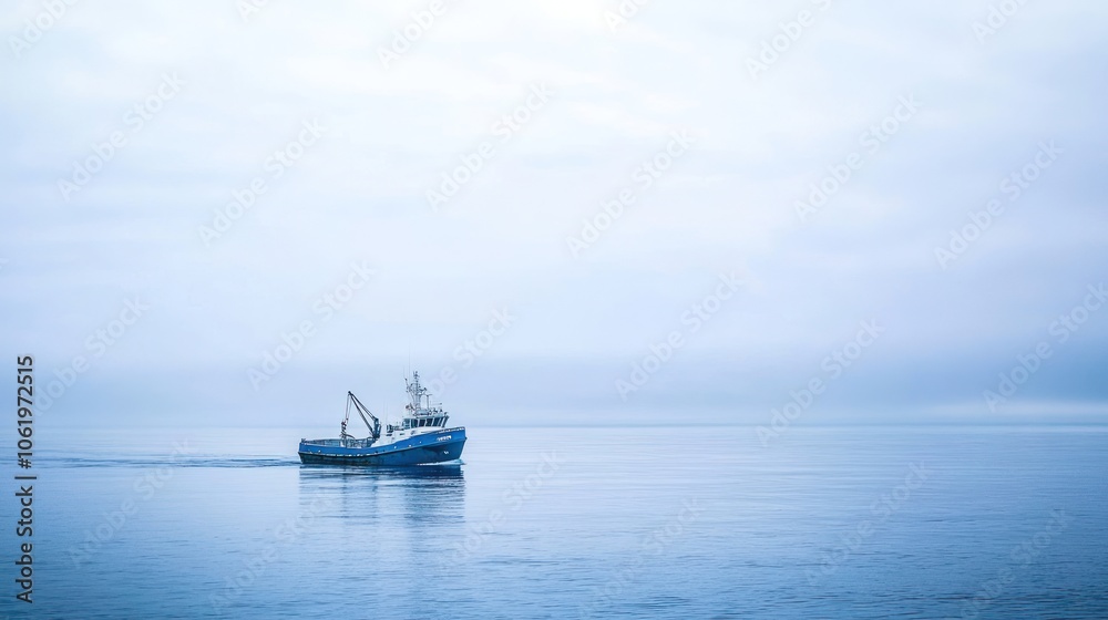 A fishing boat navigates calm waters under a cloudy sky. A fishing boat navigates calm waters under a cloudy sky.
