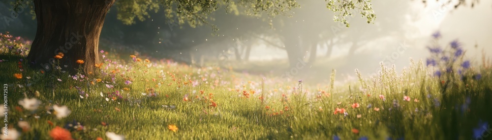 Fototapeta premium Softfocused dreamy meadow scene with wildflowers gently bathed in morning light and mist