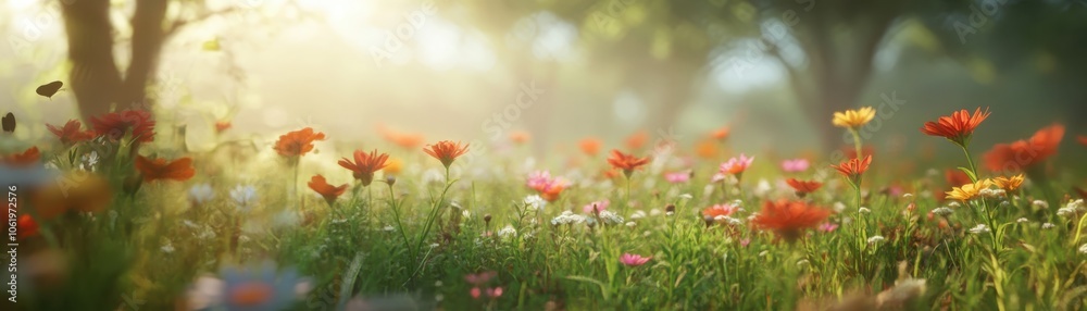 Softfocused dreamy meadow scene with wildflowers gently bathed in morning light and nature's serenity Softfocused dreamy meadow scene with wildflowers gently bathed in morning light and nature's serenity