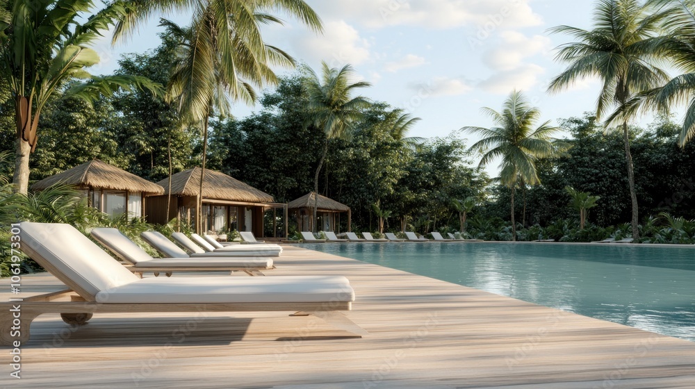 Fototapeta premium A serene poolside scene with loungers and tropical greenery.