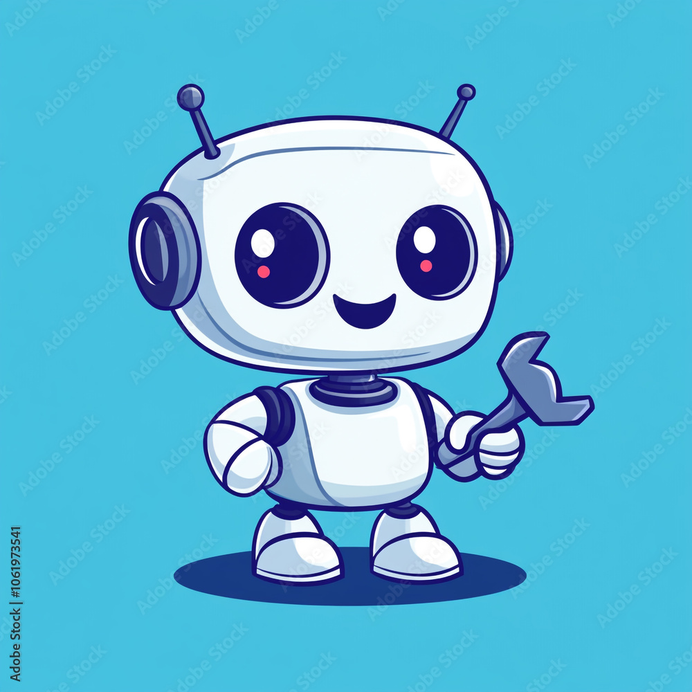 Fototapeta premium A cute robot holding an open wrench, in a simple flat style illustration logo design with a white background and blue color scheme.