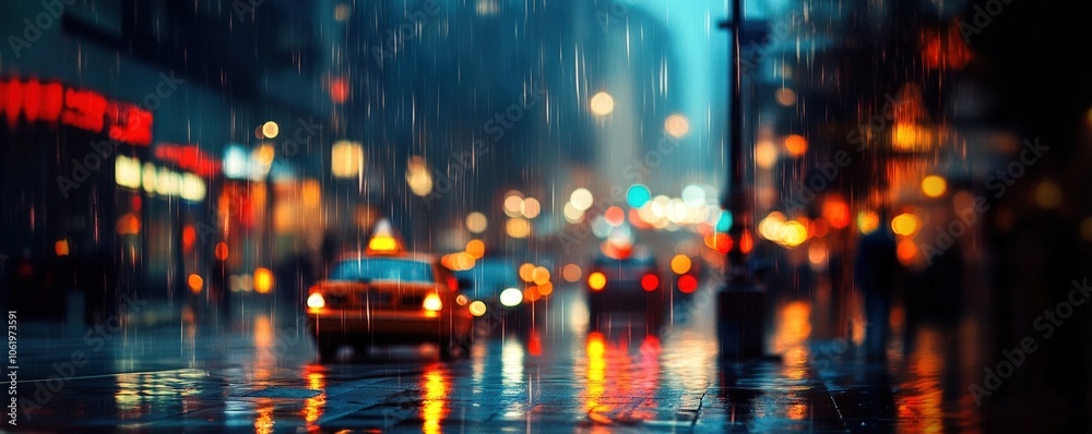 Fototapeta premium Rainy city night with blurred lights and reflections