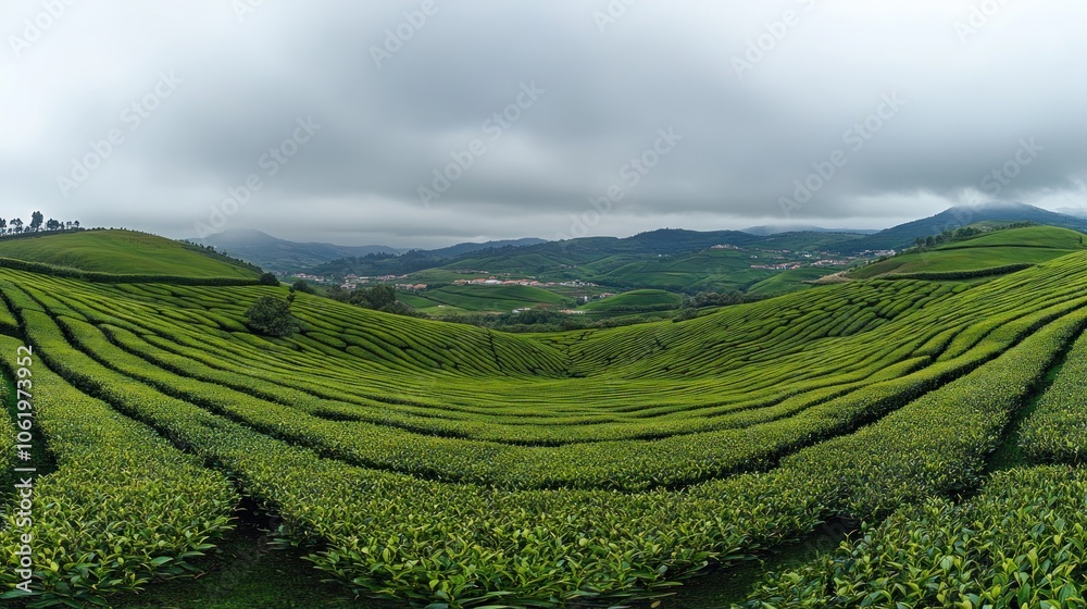 Fototapeta premium A panoramic view of lush green tea plantations under a cloudy sky.