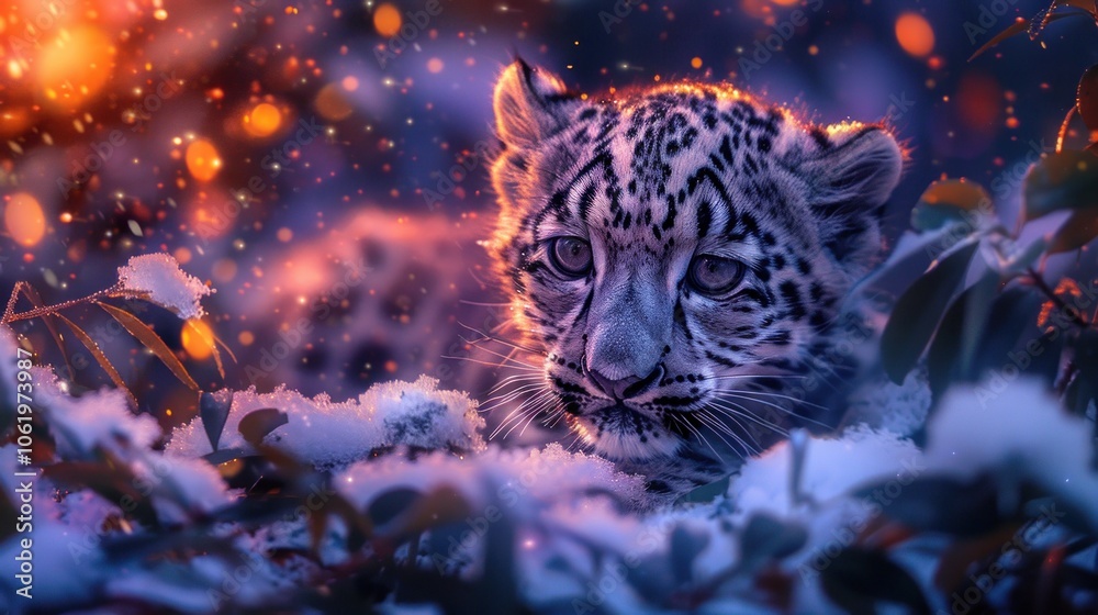 cute snow leopard baby relaxing in the snowy bushes cute snow leopard baby relaxing in the snowy bushes