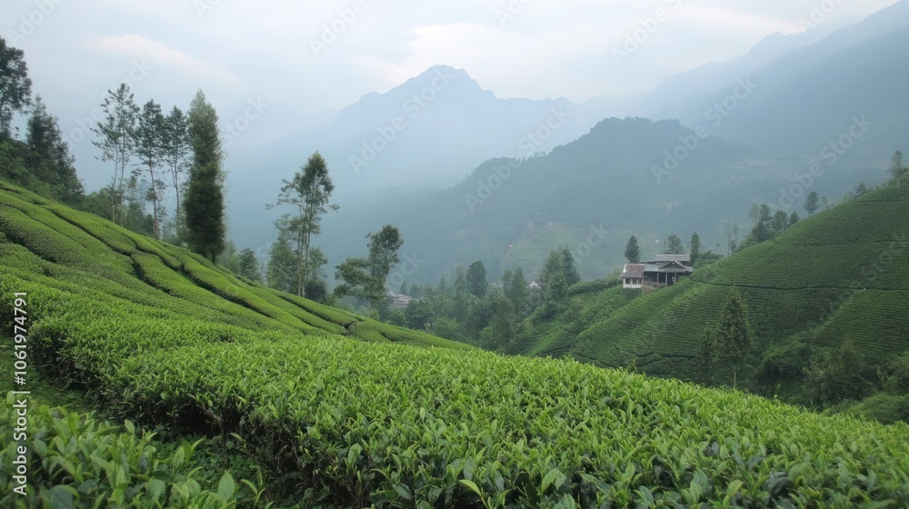 A serene landscape of lush green tea plantations and misty mountains in the background. A serene landscape of lush green tea plantations and misty mountains in the background.