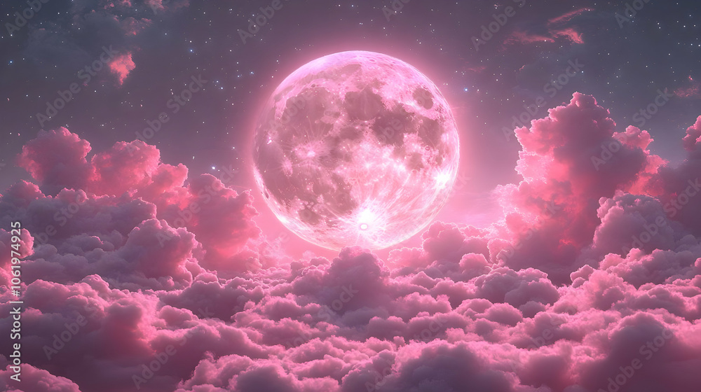 Obraz premium Pink Moon Night Sky Illustration