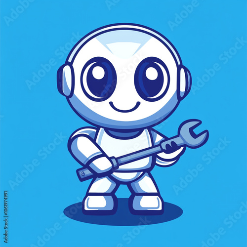 A cute robot holding an open wrench, in a simple flat style illustration logo design with a white background and blue color scheme.