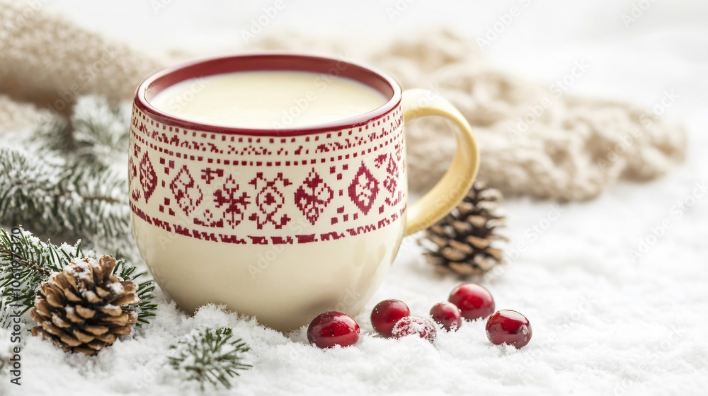 Eggnog in a festive mug with holiday patterns, isolated on a snowy white background with a few pinecones and cranberries Eggnog in a festive mug with holiday patterns, isolated on a snowy white background with a few pinecones and cranberries