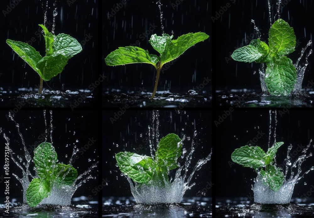 Fresh mint leaves with water splashes in dark background Fresh mint leaves with water splashes in dark background
