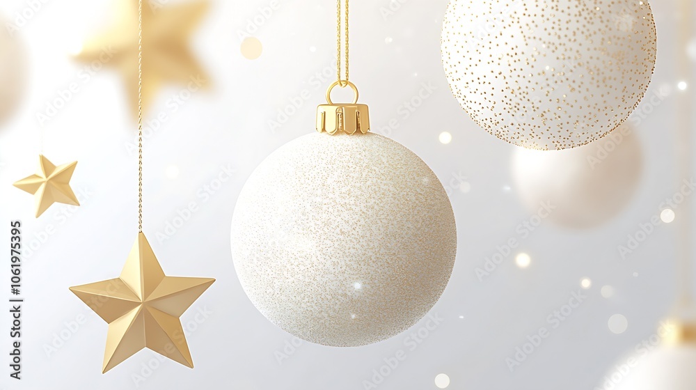 Fototapeta premium Elegant Christmas Decorations with Gold and White Baubles and Stars : Generative AI