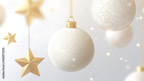 Elegant Christmas Decorations with Gold and White Baubles and Stars : Generative AI photo