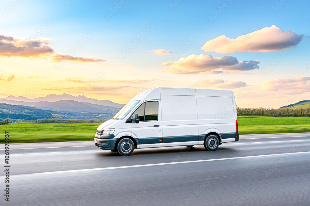 Efficient delivery on the move a white van traveling through scenic landscape at sunset Efficient delivery on the move a white van traveling through scenic landscape at sunset