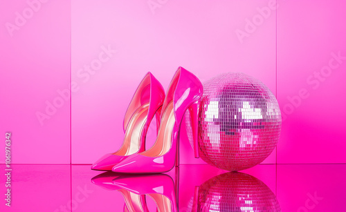 Woman's legs in pink high heels with a disco ball against a vibrant pink background, evoking a glamorous party vibe. photo