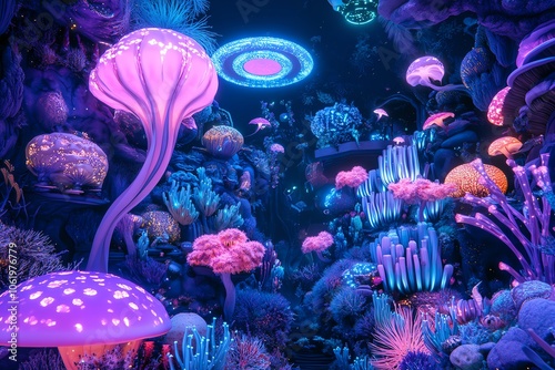 Frontal view of a vibrant fantasy world merging with intricate scientific inventions photo