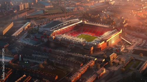 Old Trafford football stadium Manchester United shot from above with stadium background