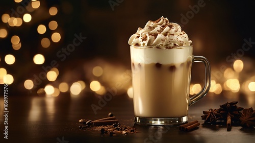 Glass of eggnog with whipped cream and cinnamon, isolated on a dark, moody background with golden bokeh lights photo