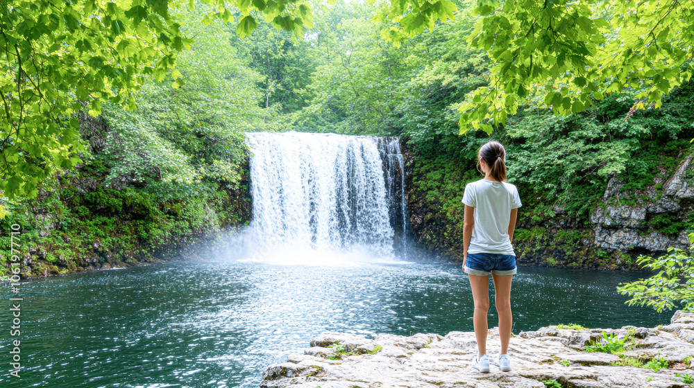 Serenity awaits a young woman gazes at a majestic waterfall surrounded by lush greenery in nature's tranquil embrace Serenity awaits a young woman gazes at a majestic waterfall surrounded by lush greenery in nature's tranquil embrace