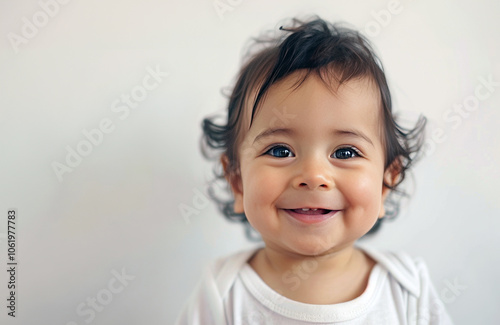 Adorable baby with dark hair smiling and showing first teeth