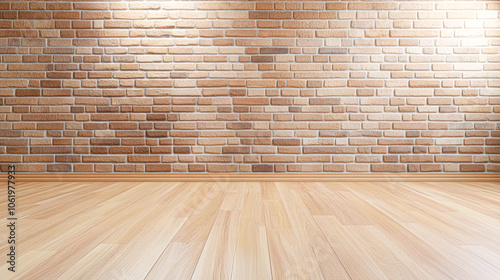 Elegant minimalist interior with warm wooden floor and rustic brick wall design for modern spaces