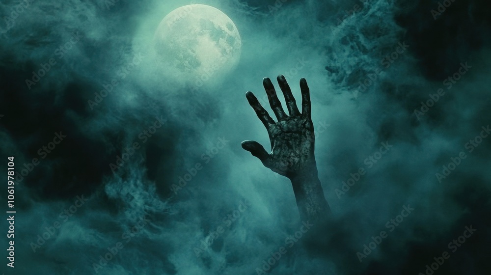 Eerie Hand Reaching Through Misty Night Sky Eerie Hand Reaching Through Misty Night Sky